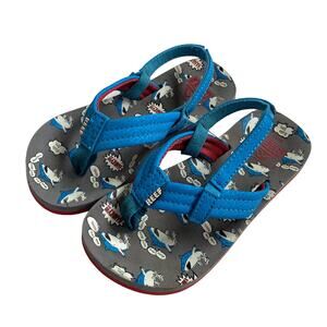 Reef Little Ahi Nom Nom Hangry Shark Sandals Flip Flops - Blue Gray Red - 9/10